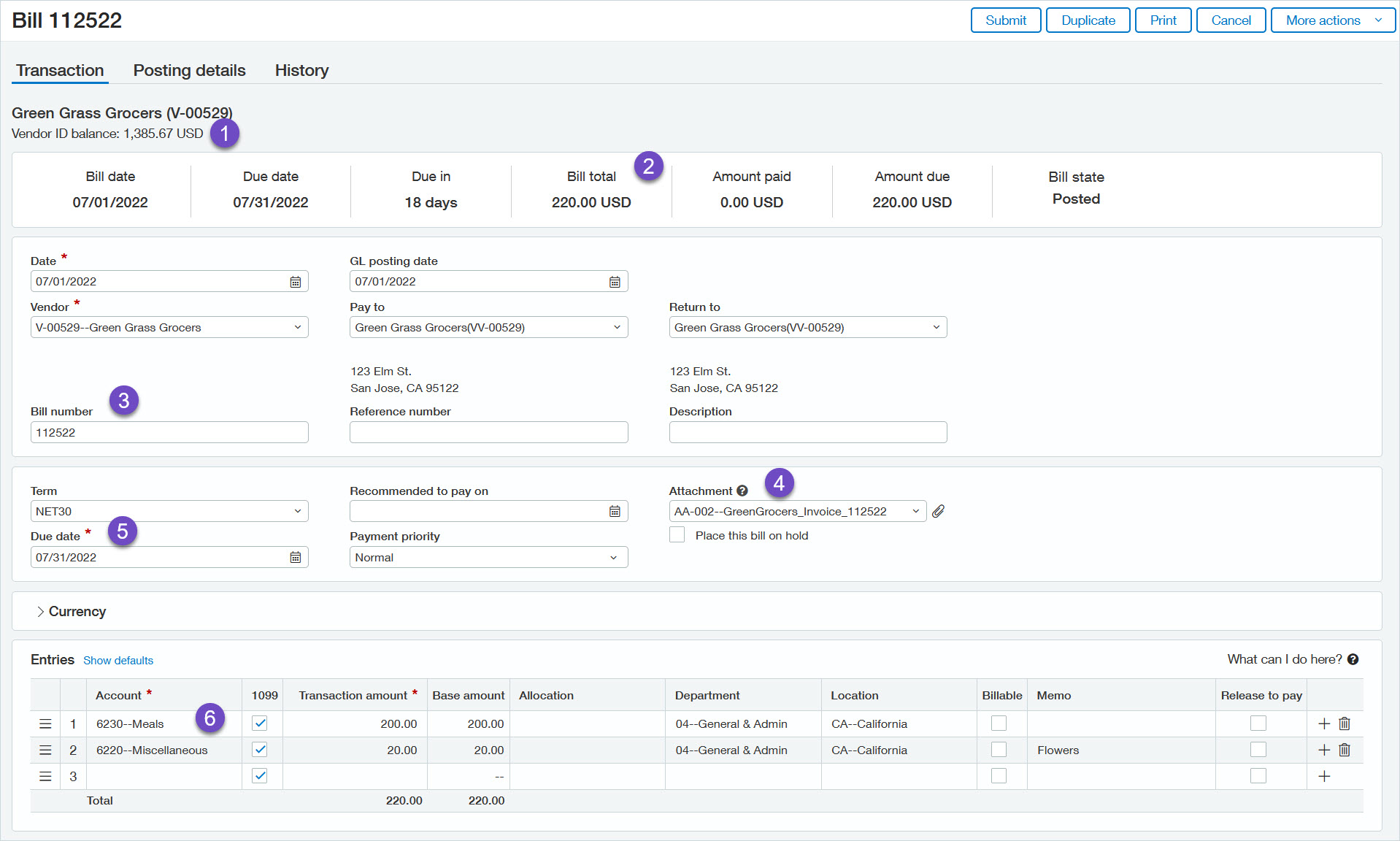 The Transaction tab of a AP purchase invoice page.
