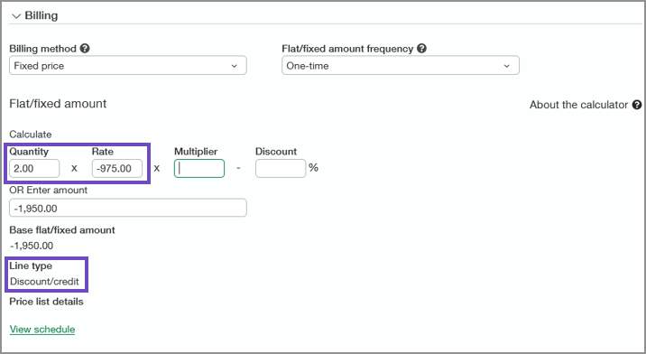 The Quantity is 2, the Rate is -975. The OR Enter amount is -1950.00. The Line type is Discount/Credit.