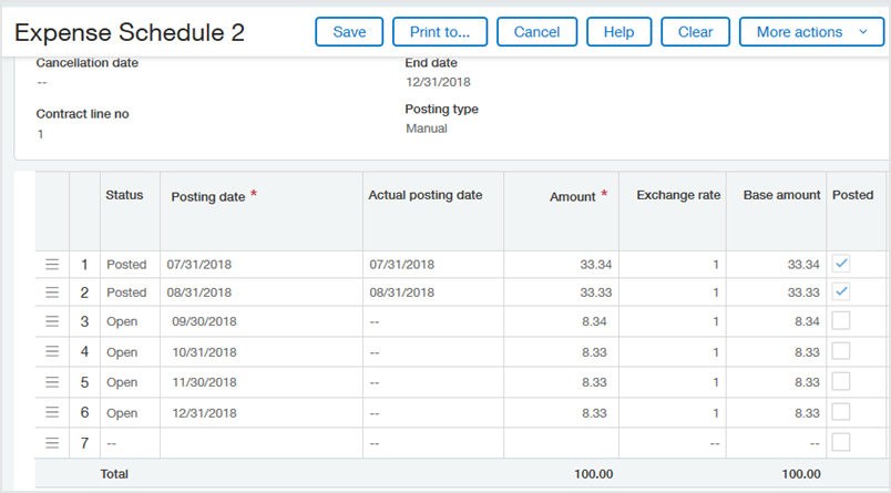 Expense schedule shows the remaining 33/33 divided by 4 = 8.33 scheduled through December 31.
