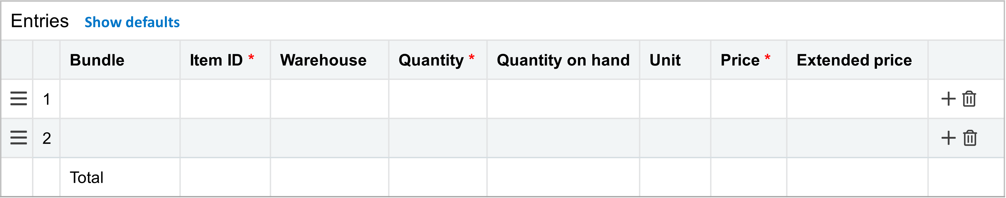Customize a transaction's Entries grid layout