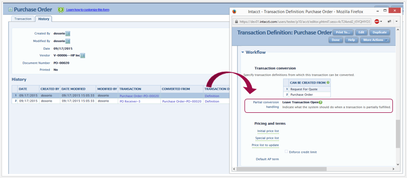 The Partial conversion handling field under the Transaction definition popup window.