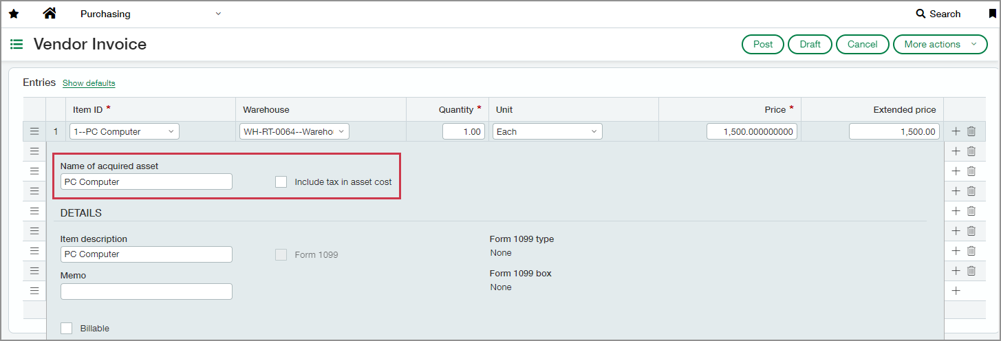 Create assets from purchasing transactions