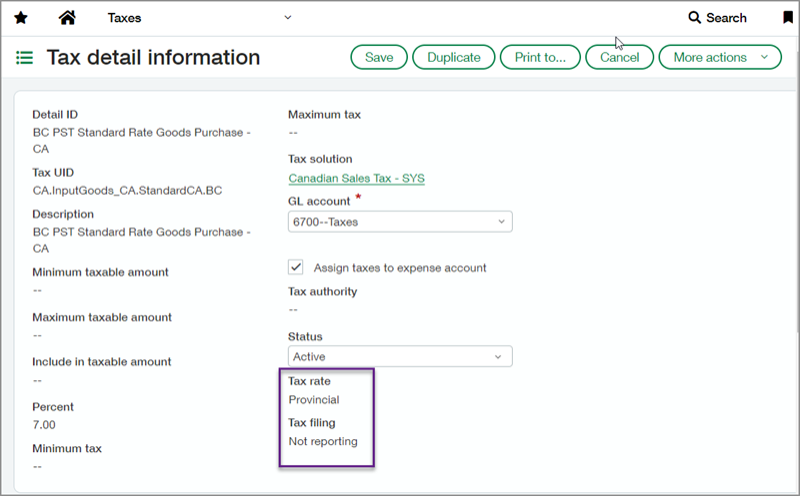 Screenshot of Tax detail information page with callout box around Tax rate and Tax filing fields.