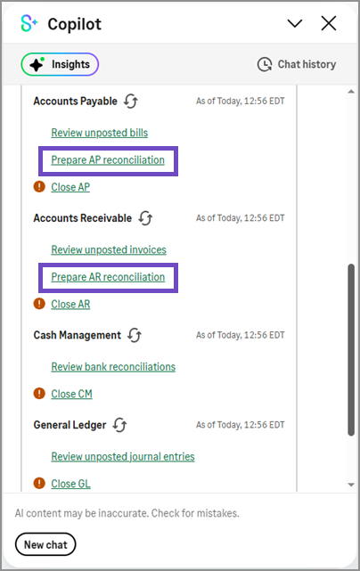 Copilot Close Assistant panel with Prepare AP reconciliation and Prepare AR reconciliation lines highlighted.