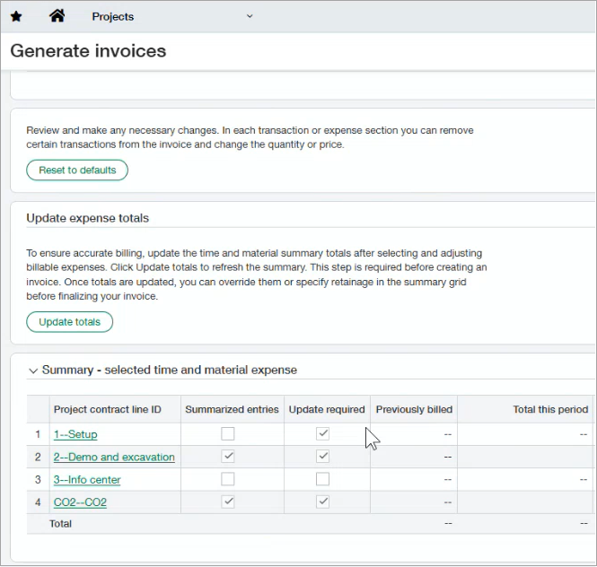 Projects Generate invoices screen showing Update totals button and Update required column in the Summary section.
