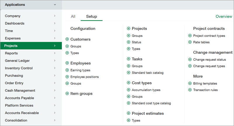 Projects application menu on the Setup tab.