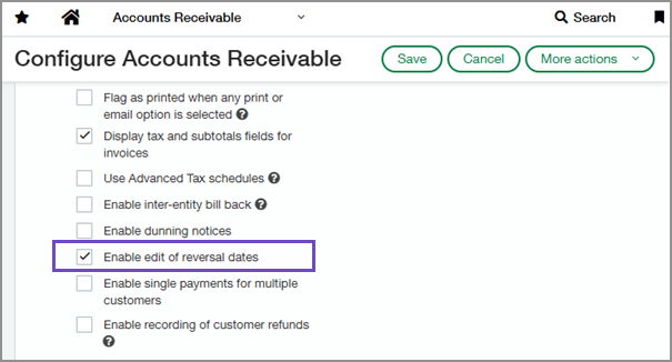 Accounts Receivable configuration page showing the Enable edit of reversal dates setting.