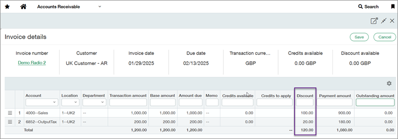 Screenshot of the invoice details page for a line-items total including taxes term discount with a callout box around the discount section.