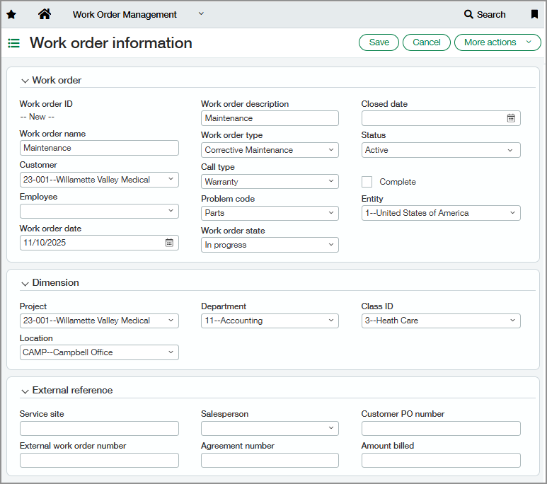Work order information page showing work order fields