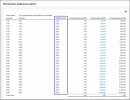 A dimension balance report showing opening, period, and closing balances by affiliate entity in the location group for a given month.