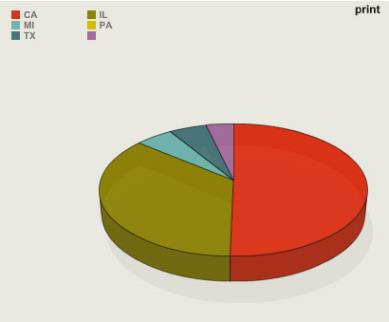 3-D circle divided into various colored segments to compare percentages by geographic location.