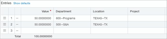 An example allocation that splits amounts equally between 2 departments.