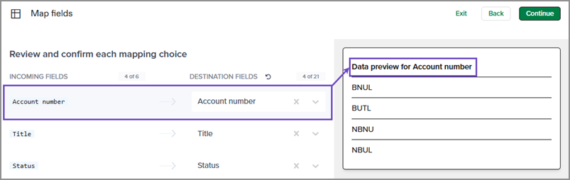 Mapped fields previewing data.