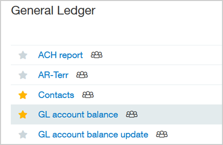 The Reports center filtered to show General Ledger reports, with some favorite reports showing orange stars.