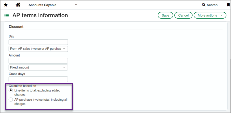 Screenshot of Accounts Payable terms information setup with the 'Calculate based on' section highlighted