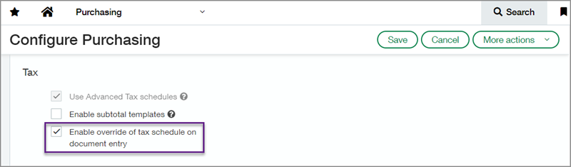 Screenshot of Tax section of Configure Purchasing page with callout box around Enable override of tax schedule on document entry.