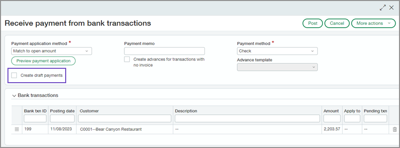 Screenshot of the Receive payments from bank transactions page with a callout box around the create draft payments configuration field.