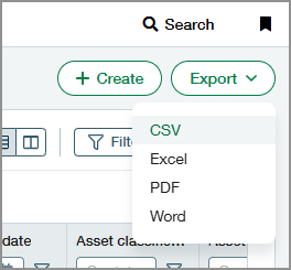Export button with CSV, Excel, PDF, and Word export options