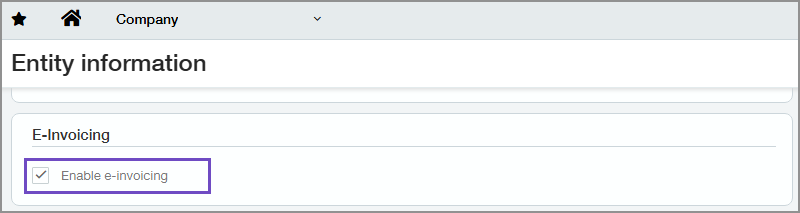 Entity information page, with Enable e-invoicing option highlighted