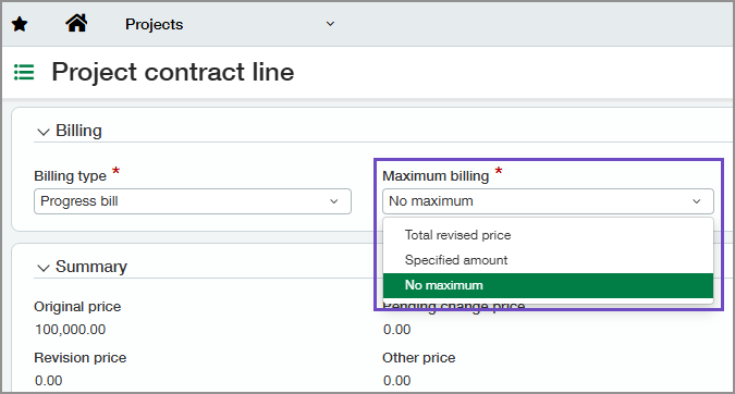 Project contract line page showing Maximum billing options