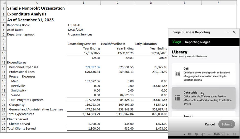 A report in an Excel spreadsheet next to the Sage Reporting widget.
